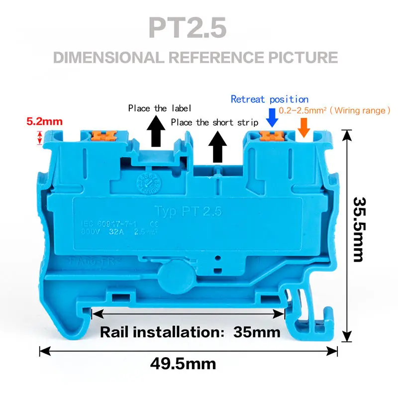 Клеммная колодка PT2.5, без винтов, с направляющей, серый, синий, оранжевый