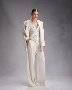 Oem Odm Custom Womens Three Piece Suit Set Blazer Hand Sewn Rhinestone Vest and Pleated Wide  Leg Trousers Stylish Italian
