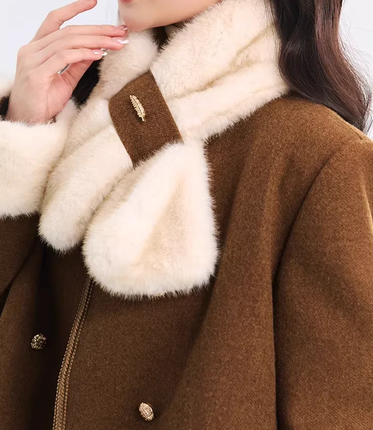 Retro Wool Suit with Breathable Rabbit Fur Neck Scarf & Decorative Buttons Two-Piece Set with Polyester Fiber Lining