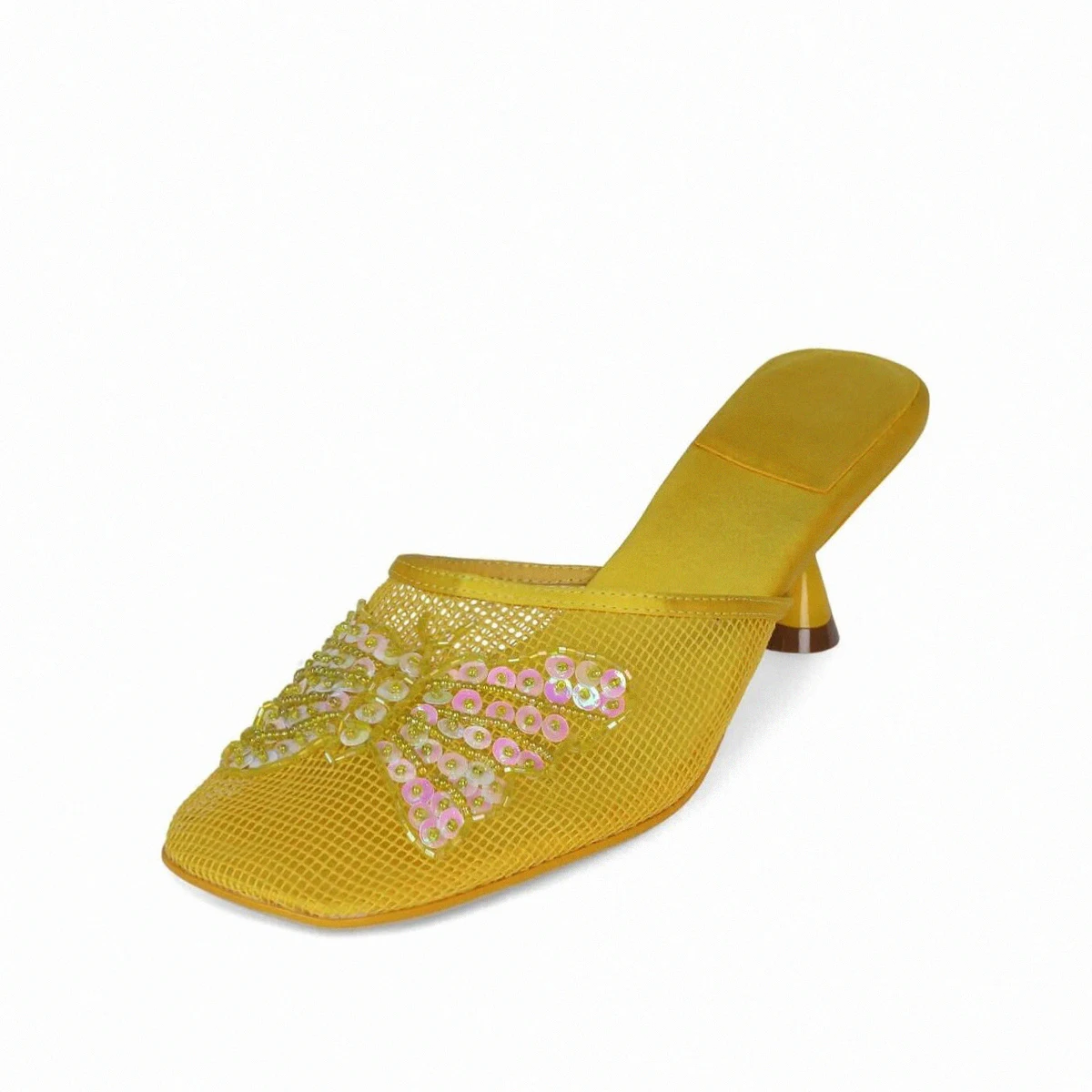 Custom Popular Brand Slide Sandals Mesh Heel Slippers Femmes Beads Sequin Butterfly 6cm Heeled Mules