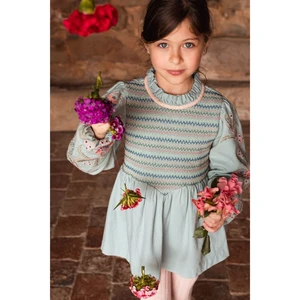 Customized Factory Girls  Kids  Light Teal Color  Ruffled Neckline pink Trim Vintage Embroidery Girl Dress Kids Outfit