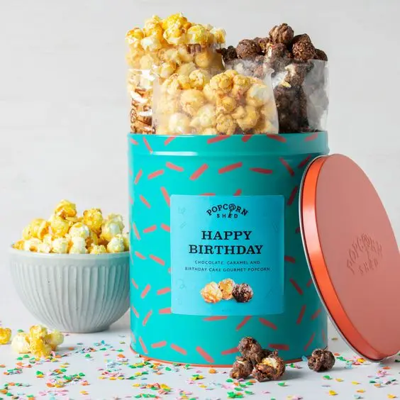 Wholesale printing luxury food grade empty popcorn tin cans stackable large christmas popcorn tins metal popcorn tin bucket supplier