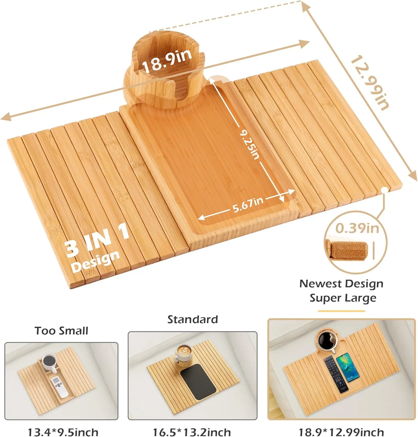 Bamboo Sofa Arm Tray Table Arm Rest Protector Universal Drink Holder Side Table Couch Remote Caddy