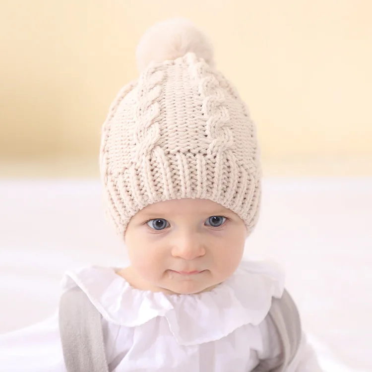 Kids wool ball pullover hat autumn and winter infant warm solid color knitted hat 5 colors