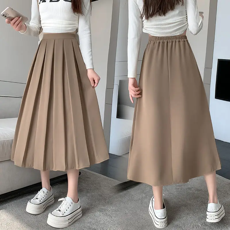 2023 Spring and Summer New Style with Shirt Coffee Color Pleated Half S Women's High Waist a Word in the Long Half214_voghion.com