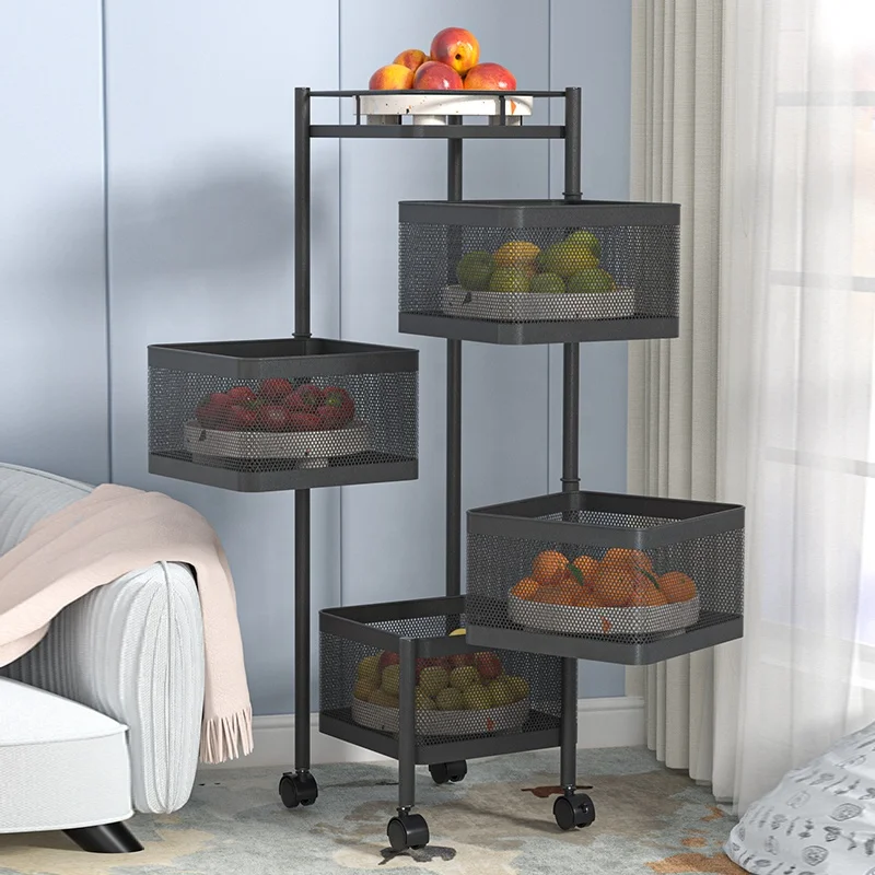 Sturdy Kitchen 3/4/5 Tier Stackable Metal Wire Storage Organizer Fruit Vegetable Rotating Baskets with Rolling Wheels