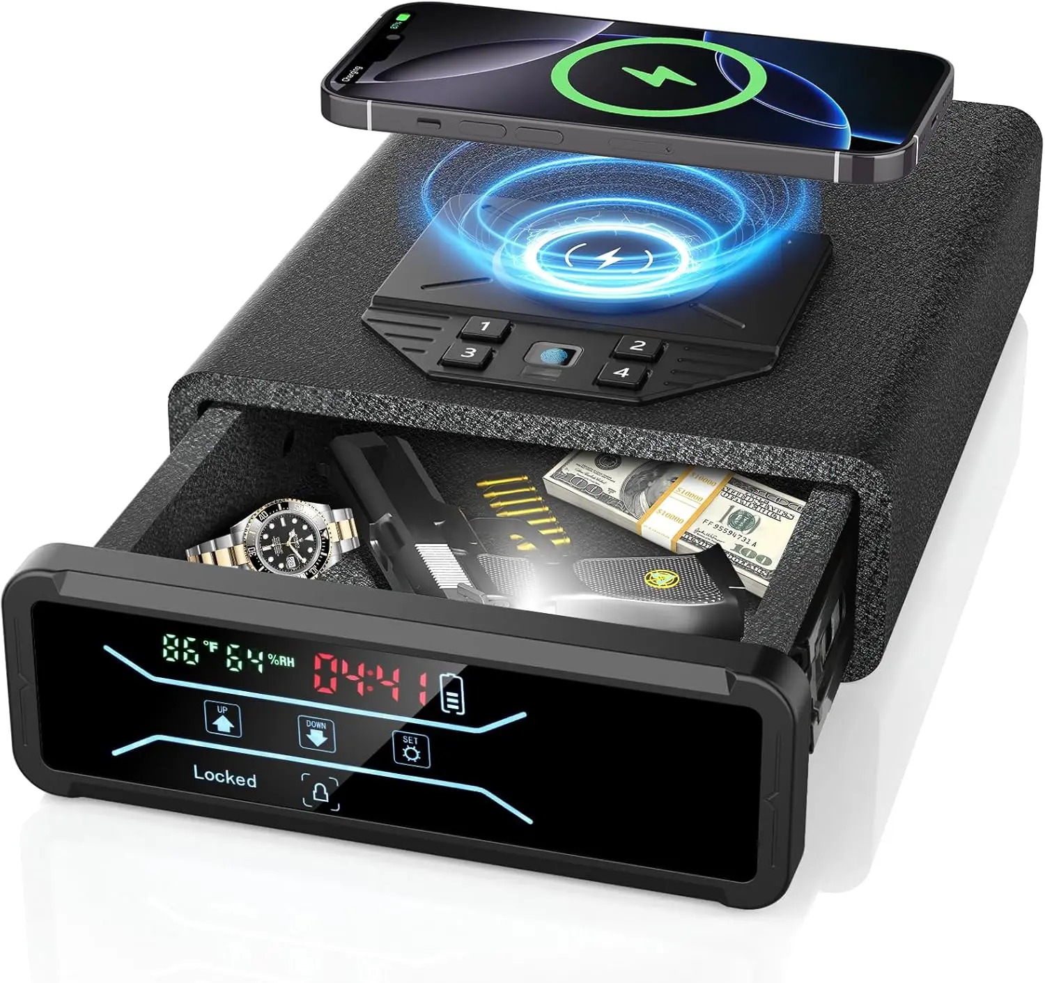 Hand Gun Biometric Safe with Wireless Charging for Phone & Watch 3 Access Methods to Unlock Nightstand Drawer Safe LED Display
