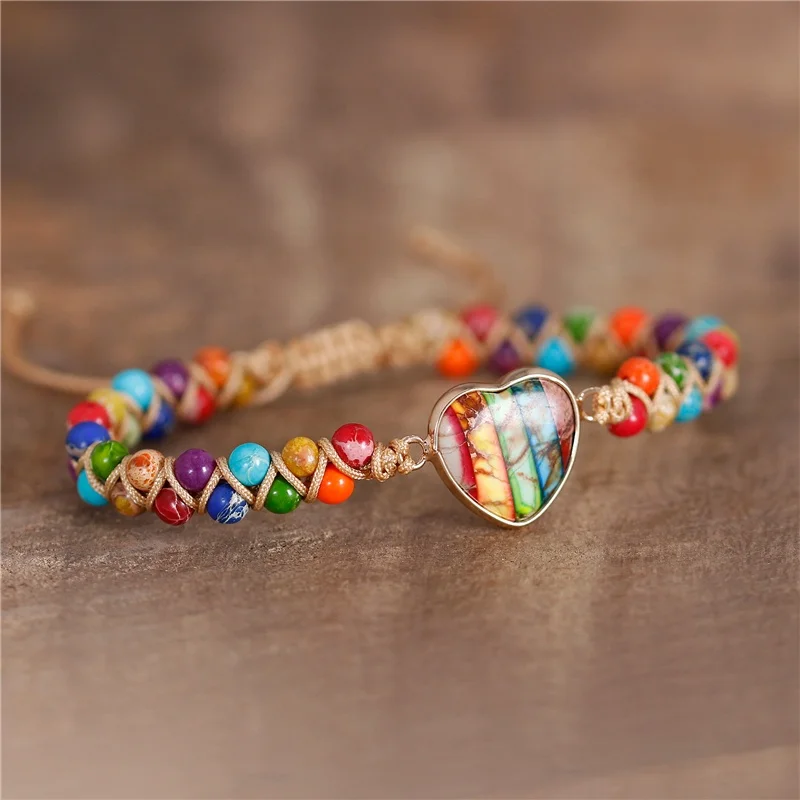 Boho Unisex Gold Gild 7 Chakra Heart Charm Beads Braided Bracelet Gypsy Healing Natural Stone Bracelet Women Jewelry Wholesale