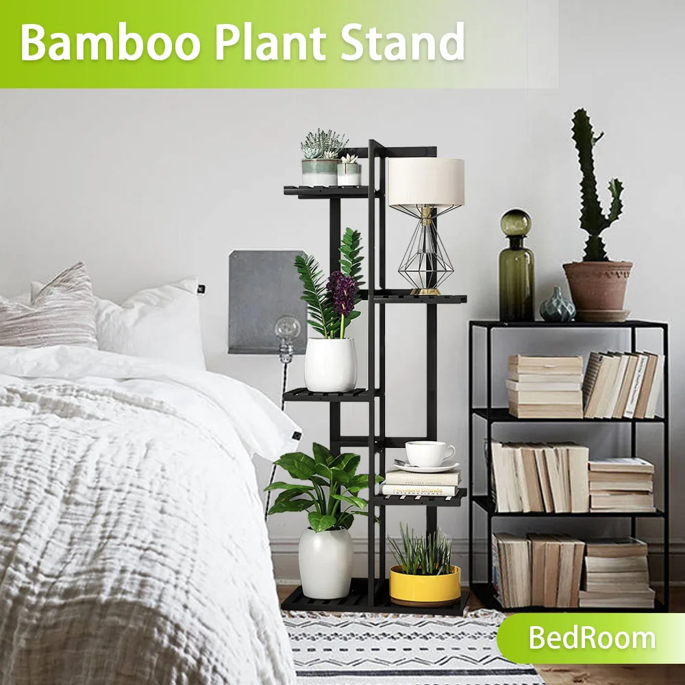 product 5 tier bamboo shelf organizer 6 potted black high flower plant stand for indoor or outdoor bathroom corner decoration display-7