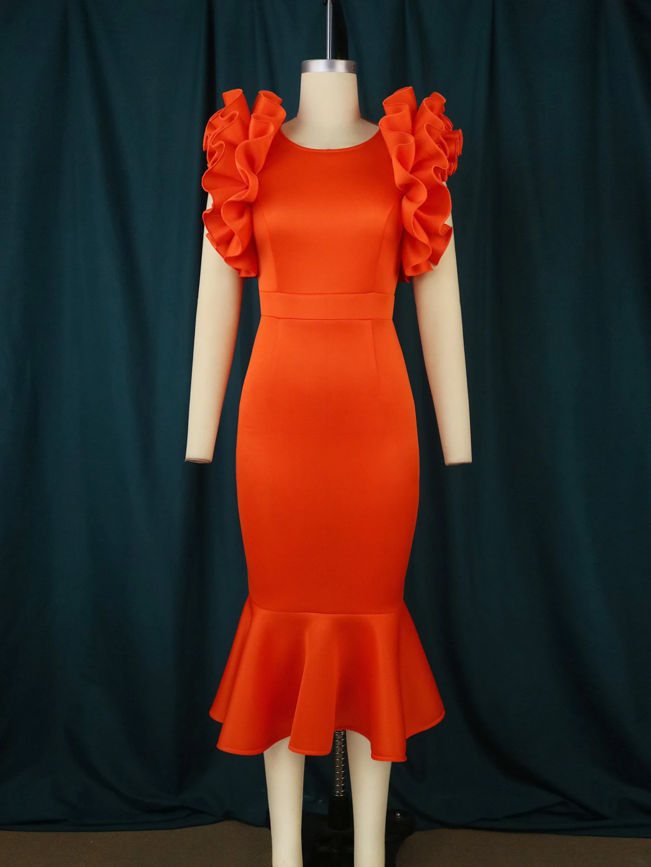 Orange Ruffles Sleeveless Mermaid Orange Ruffles Plus Size Women Office Career Dress ...