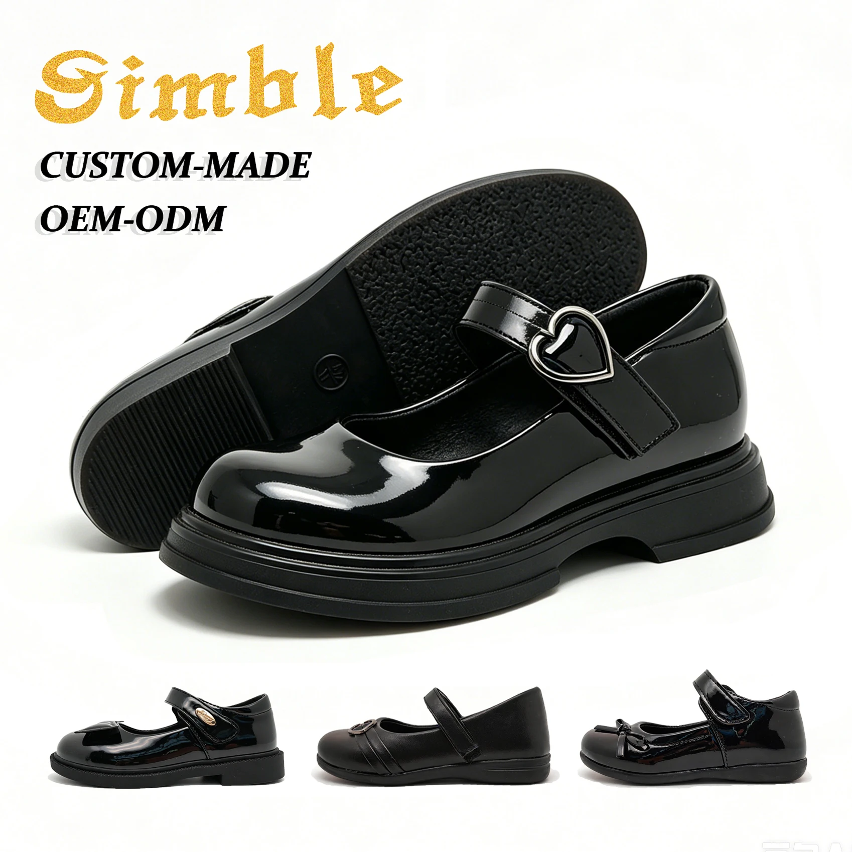 Custom Kids Girls Black Leather Shoes Wide Toe Height-increasing Rubber Love Buckle Strap Children School Shoes