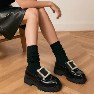 SQUARE TOE Slim Stiletto Work Shoes Slip-On Sparkly Rhinestone-Accented Loafers Crystal Buckle Genuine Sheepskin Soft Genuine