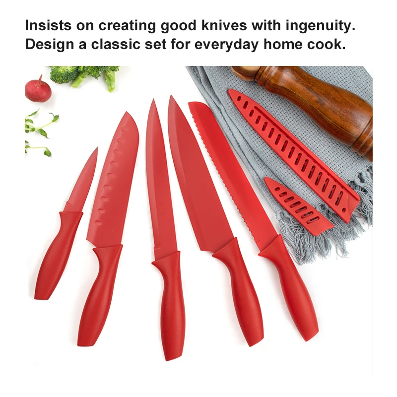 High Quality Cooking Knife Stainless Steel 10 PCS Non-stick Coated Kitchen Knife Set with Plastic Sheath