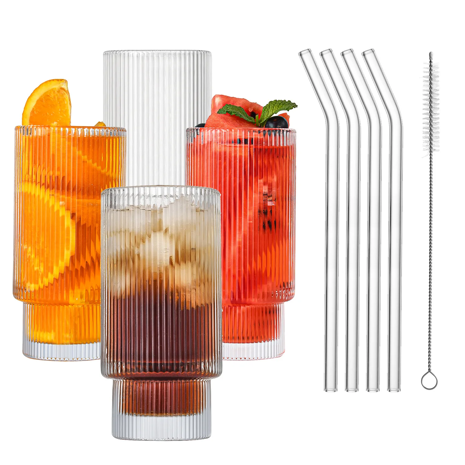DD1810  Kitchen Textured Glassware Set of 4 Iced Coffee Whiskey Cocktail  Water Mason Jar Tumbler Ribbed Drinking Glasses Cup