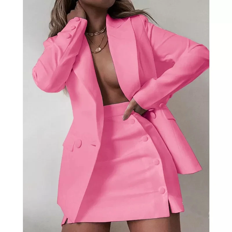 BL302 New 2022 Fasion trend Plus Size Solid Color Women Office Blazers And Dress Two Piece Set