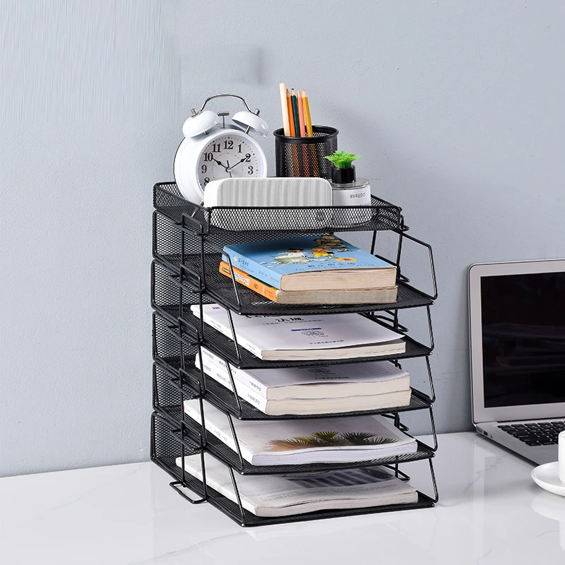 Office supply Desk Table Metal Wire Mesh 6 Vertical Compartment Metal Mesh File Organizer with 2 trays