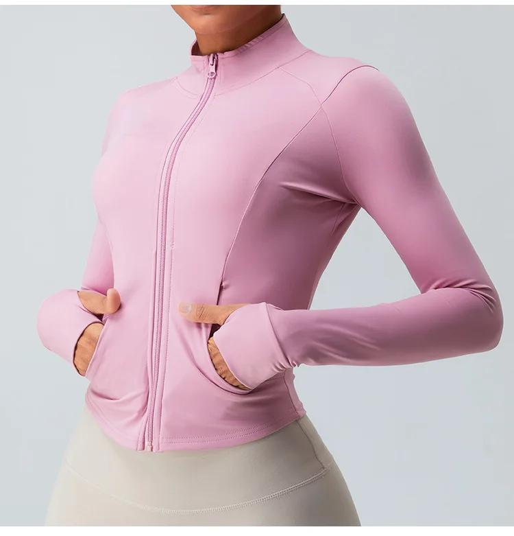 Slim Fit Running Jacket Women Solid Color Turtleneck Long Sleeve Yoga ...