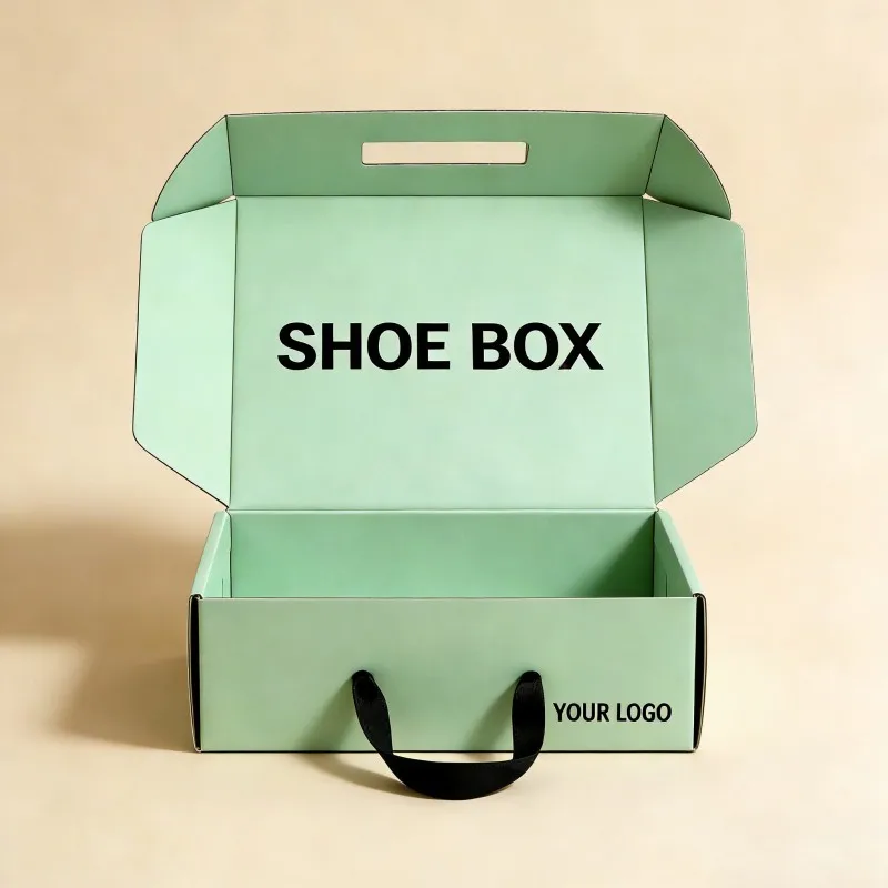 カスタムロゴ付きデジタル印刷輸送用包装ボックス、ラグジュアリーな新デザインギフトボックス（衣類・靴用段ボールボックス）、リボン・ロープハンドル付き