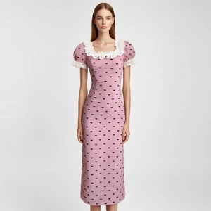 Custom Elegant Pink Midi Dress, Puff Sleeve Square Neck with White Lace Collar