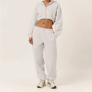 OEM and OEM High Quality Cotton Heavyweight Two Piece Jacket Crop Top and Pant Women Workout Outfit Oversize Zip up Tracksuit