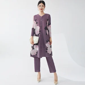 Quick Delivery Miyake 2025 Summer Casual Style Floral Printed Two-Piece Set Long Top and Pants With Pleated Two-Piece Set