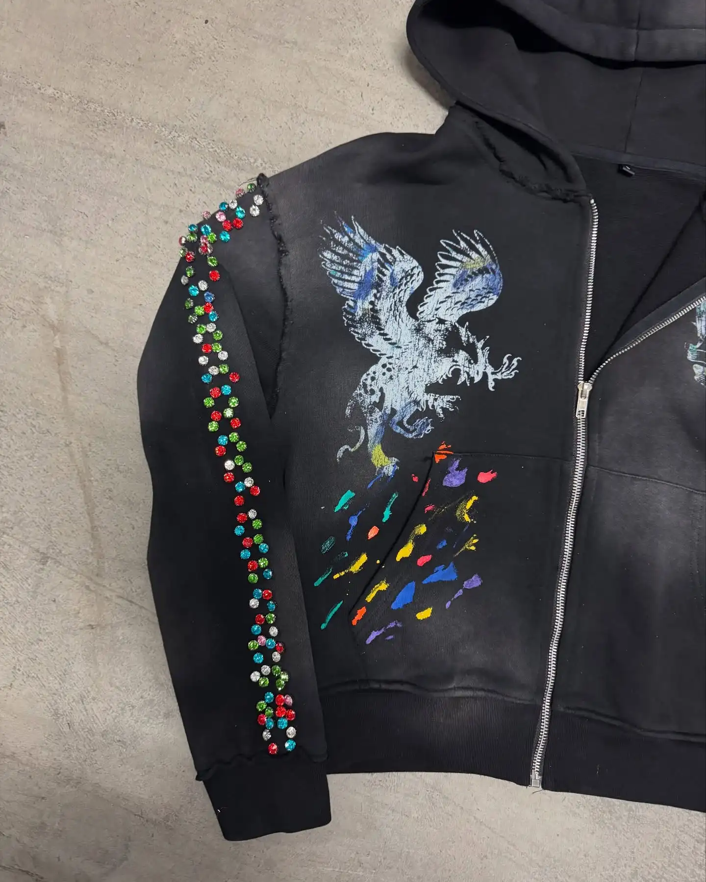 500g DTG Printing Oversized Men's Hoodie with Custom Rivet Zipper and Acid Wash Rhinestones 100% Cotton Breathable Quick Dry gallery 5