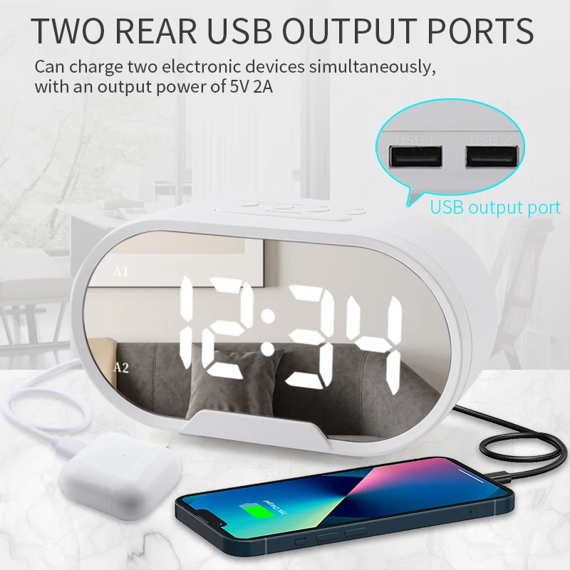 Best Large Time Display USB Batteries Powered with 2 Groups of Alarms and Snooze Function Mirror Alarm Desk Clock for Bedroom