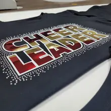 Custom Variety Cheer Leader in Gold Glitter Metallic PU With Crystal AB Hot Fix Rhinestone Heat Transfer Applique for Shirt Bags