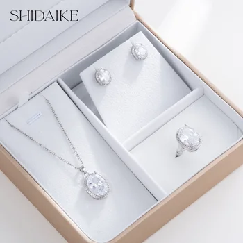 Luxurious Women's Gold Plated Copper Necklace Earrings Rings Set Colorful Diamond Zircon Fashion for Christmas Gifts