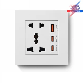 UK 13A  Switched Double 3 pin 18W 3.1A  USB Type C fast charging with two lamps and buttons ,high quality White Pc panel