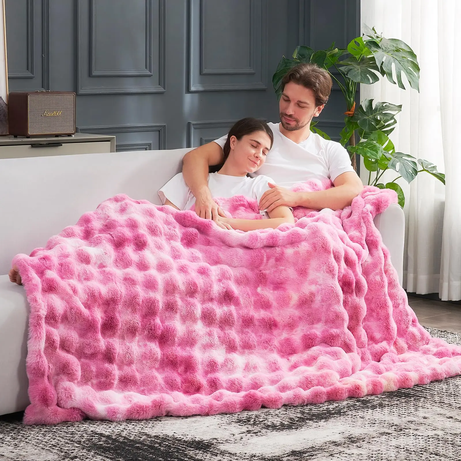 Fashionable Pink Plush Fuzzy Printed Queen Size Double Side Thick