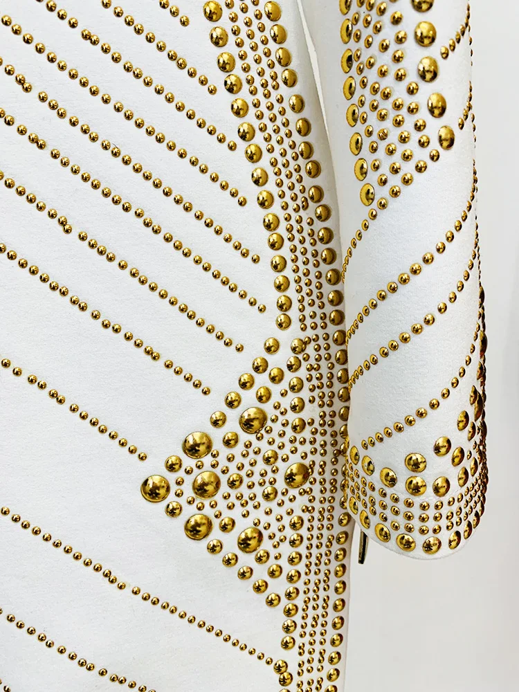 2023 Spring Autumn Quality Rivet Beading Long Sleeve Round Neckline Women Casual White Mini Dress