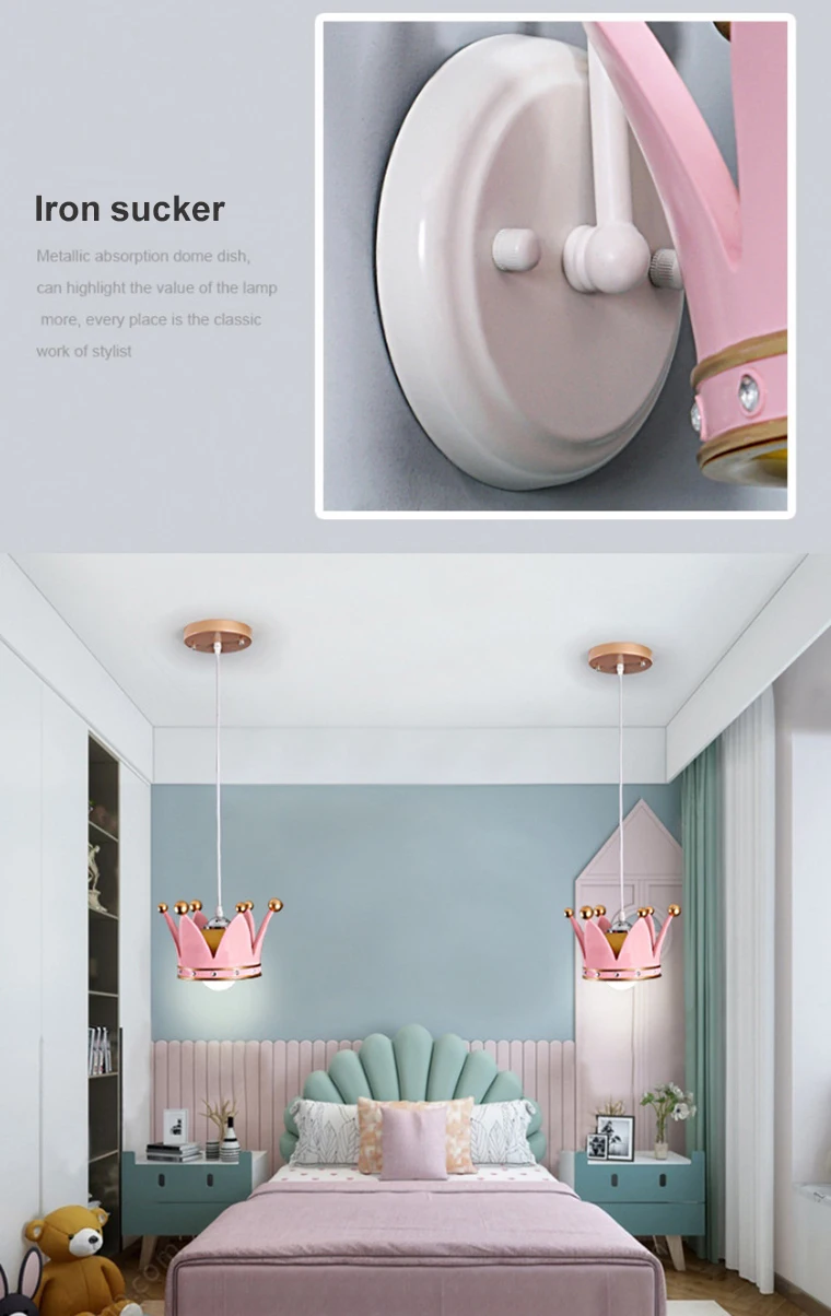 kid room crown wall lamp girl princess bedroom cartoon hanging lamp personality creative pastoral bedside warm lamps