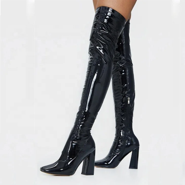 ladies black patent leather knee high boots