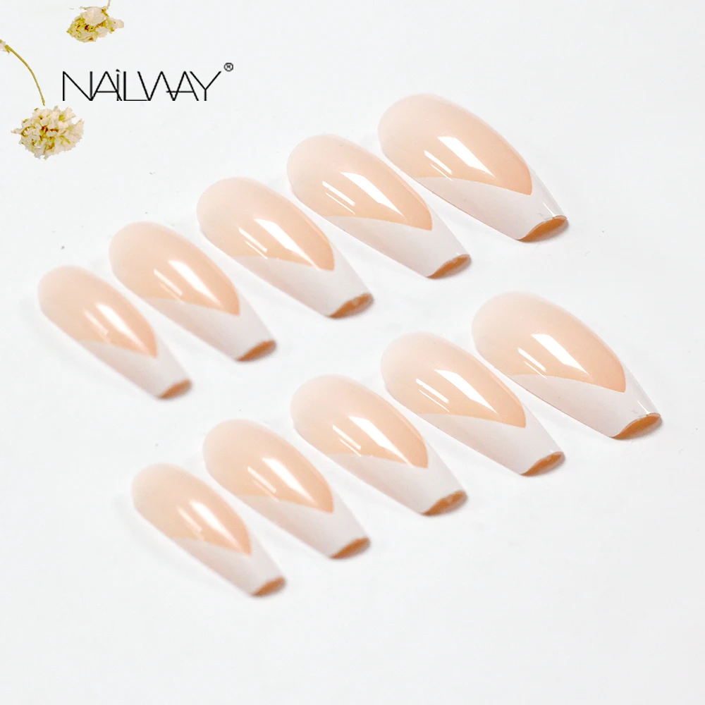 Artificial French Nails White V Shape Long Coffin Fale Nails Long Press on Nails Ballerina-Fake-24pcs Nude-Faux-Ongles