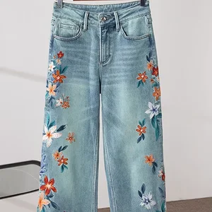 2026S/F Women's Trend Fashion Street Trend Casual Pants High Waist Straight Slim Embroidery Print Blue High Waist Straight Jeans