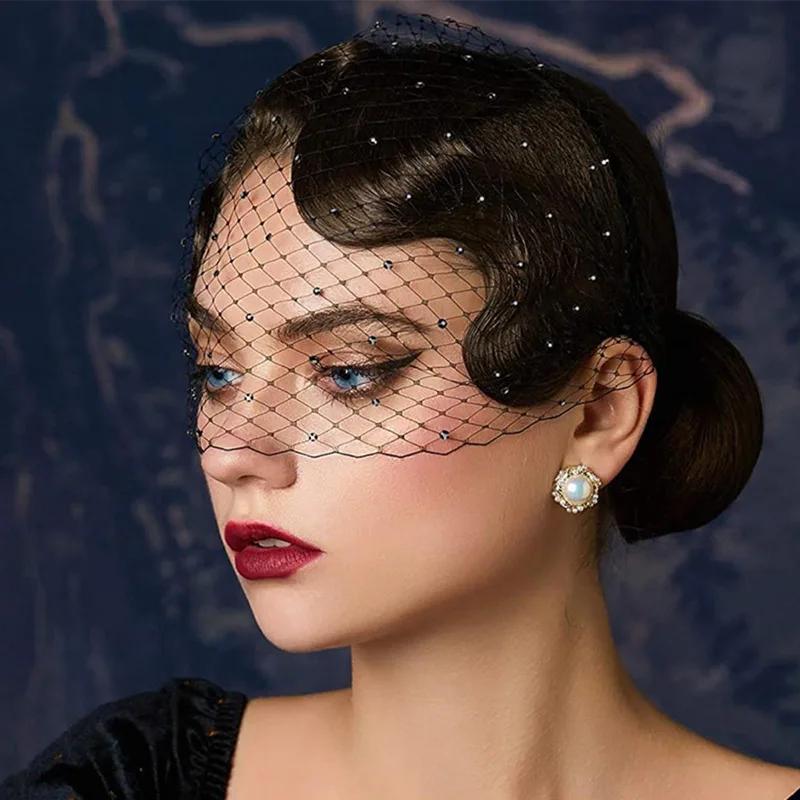 Black Mesh Veil Fascinator Headband 1920s Headpiece for  display picture 3