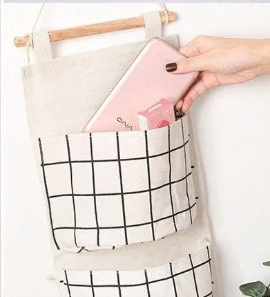 Linen Cotton Fabric Hanging Storage Bag 3 Pockets Waterproof Door hK