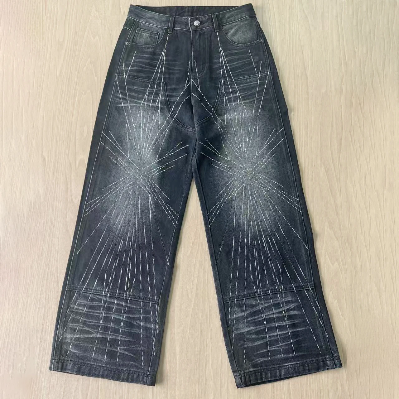 Salati Manufacturer Washed Stitching Spider Web Custom Denim Straight Leg Pants Baggy Jeans Man Men's Jeans Men gallery 7