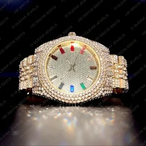 Unisex Luxury Fashion Hip Hop Watch Rainbow Baguette Moissanite Glass Dial Water Waterproof Resistant Latest Iced-Out Box Packed