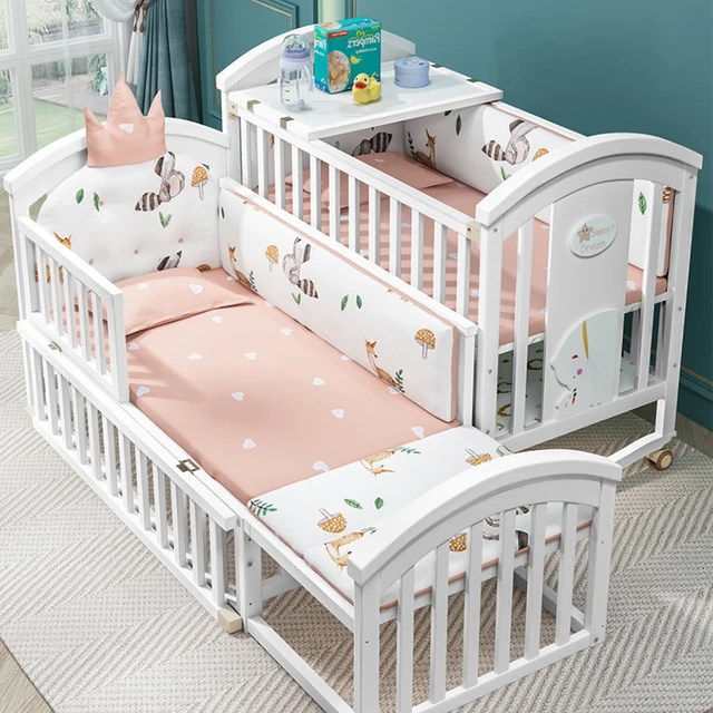 Modern Design Pine Wood Multifunctional Baby Cradle Bed Newborn Movable Children Cribs and Bedroom Furniture/Bedding Set