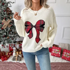 2025 New Women's Clothing Christmas Sweet Style Bow Plaid Embroidered Round Neck Lady Sweater Leisure Women's Wear