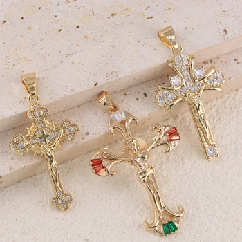 Exquisite Christian Jewelry 18k Colgante De Cruz Jesus Gold Cross Pendant Accessories DIY Making for Necklace Amulet Key Chain