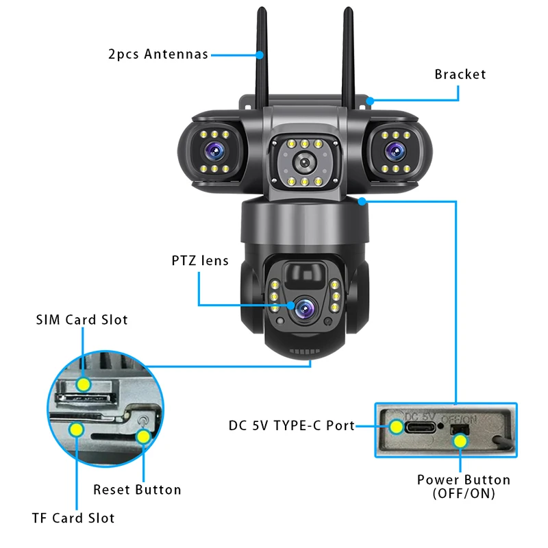 4G ak�ll� Net g�venlik kamera Outdoor Pro a��k Wifi g�ne� Powerd 3 Lens 4g a��k Cctv g�venlik kameras� a��k Sim kart ile