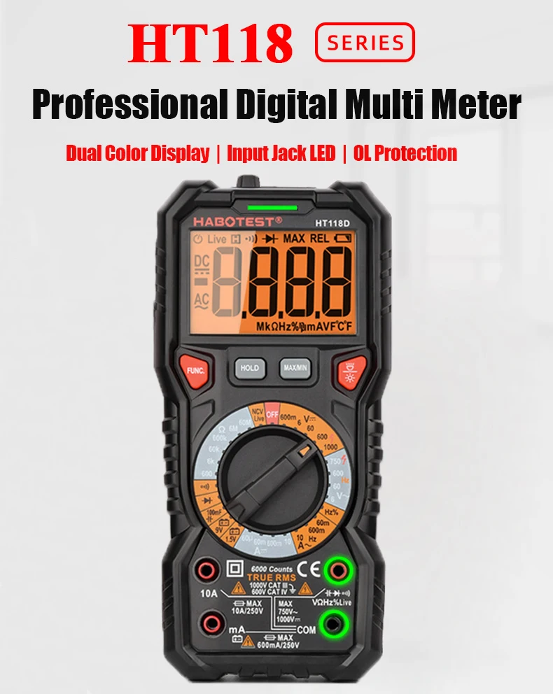 Digital Multimeter HT118D Basical Type AC DC Voltage Tester Live Test Ohm Hz NCV True RMS Voltmeter Ammeter 6000 Counts