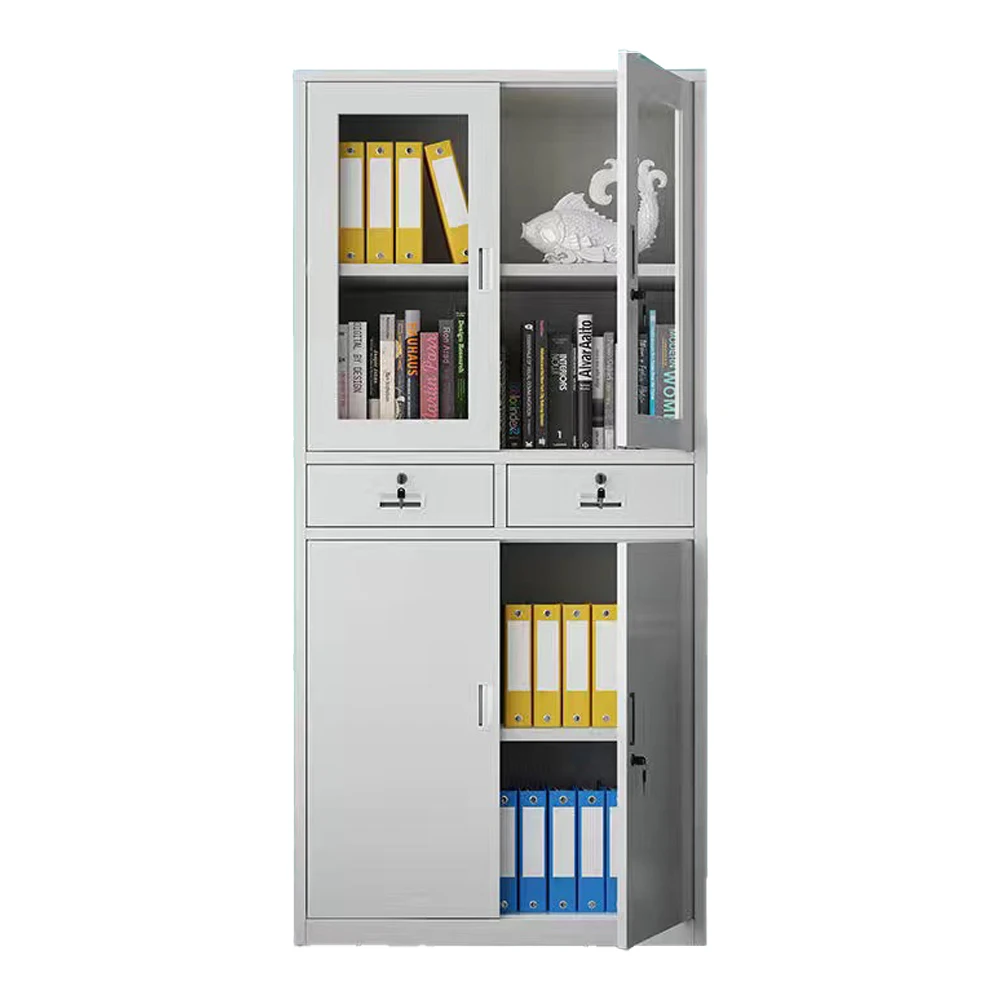 Metal Filing Cabinet with Upper Glass Double Doors and Lower Double Metal Doors for Offices and Schools
