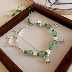 Chinese Style Green Silver Bracelet with Silver Butterfly Bell Charm Handmade Adjustable Rope Elegant Women Jewelry