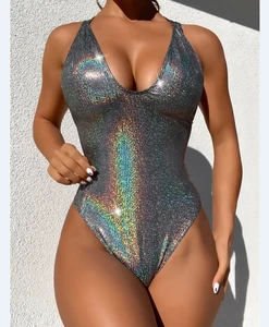 Fashion Swimwear Sparkling Metallic Women Sexy One Piece Swimsuit