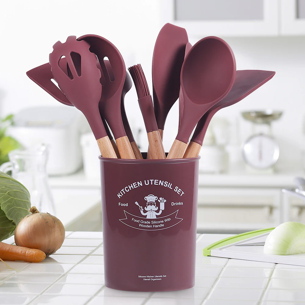 Kitchen Heat Resistant Dishwasher Safe Non-stick Pan Stainless Steel Silicone Cooking Utensil Set