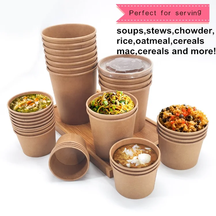 500pack 26oz Disposable Food Take Out Cups Brown Kraft Paper Soup Container With Lid